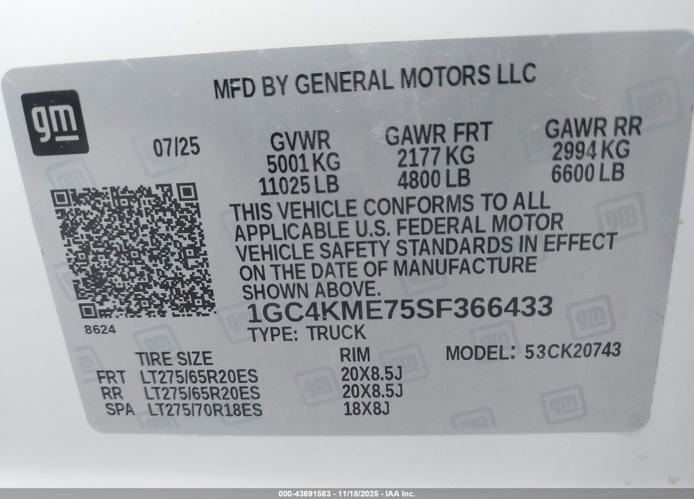 2025 CHEVROLET SILVERADO 2500HD 4WD  STANDARD BED CUSTOM VIN: 1GC4KME75SF366433
