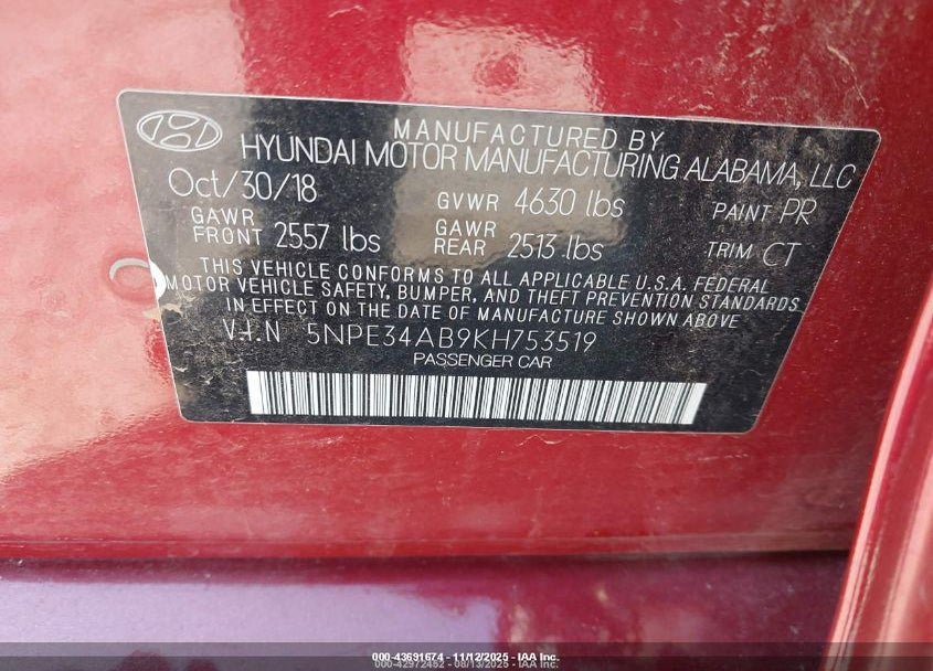 2019 HYUNDAI SONATA LIMITED 2.0T VIN: 5NPE34AB9KH753519