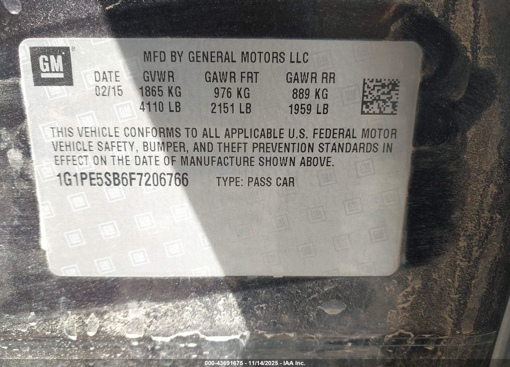 2015 CHEVROLET CRUZE 2LT AUTO VIN: 1G1PE5SB6F7206766
