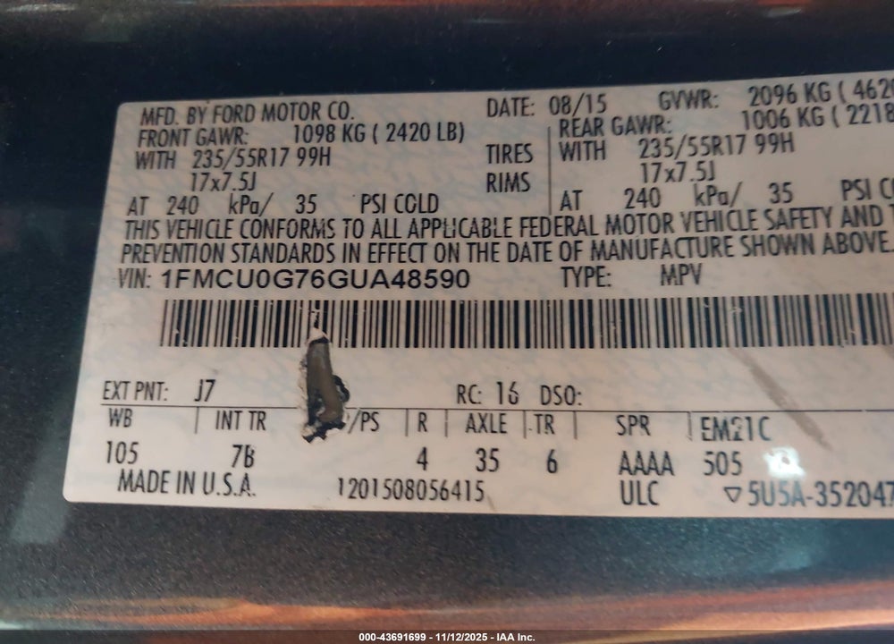 2016 FORD ESCAPE SE VIN: 1FMCU0G76GUA48590