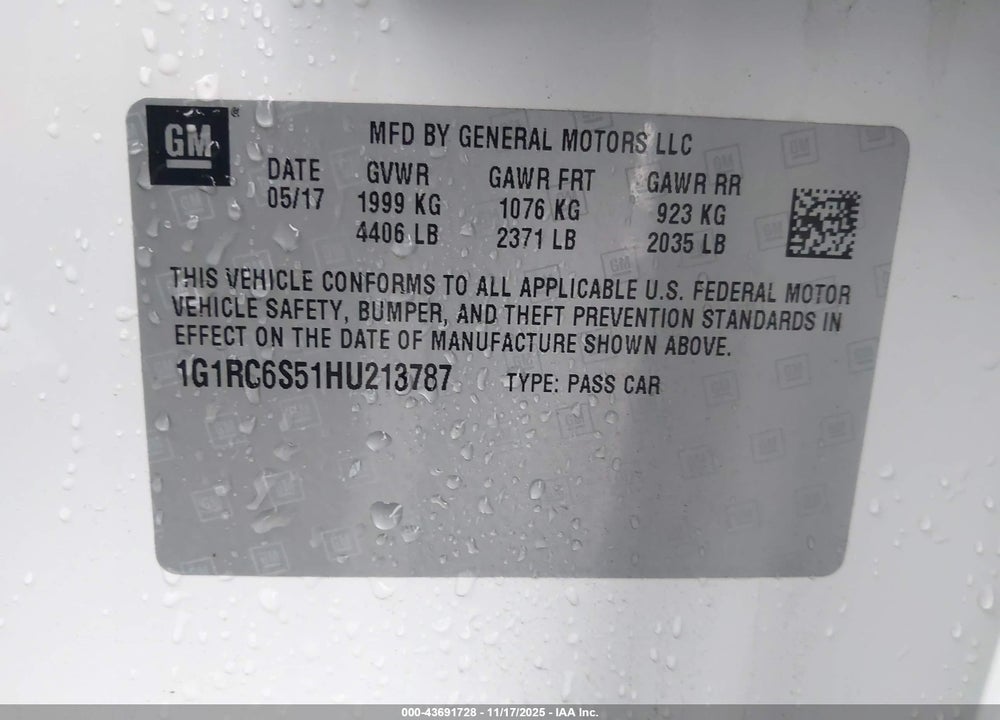 2017 CHEVROLET VOLT VIN: 1G1RC6S51HU213787
