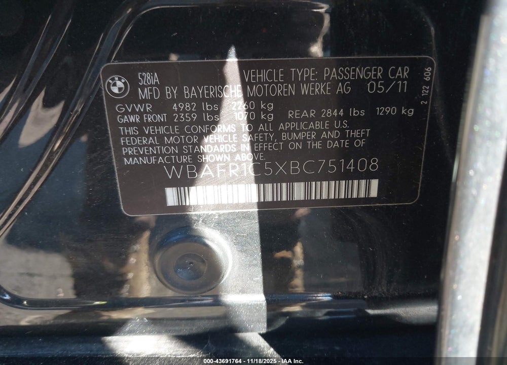2011 BMW 528I VIN: WBAFR1C5XBC751408