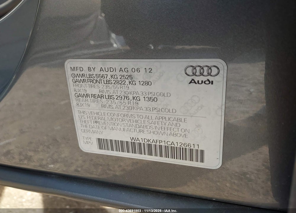 2012 AUDI Q5 3.2 PREMIUM PLUS VIN: WA1DKAFP1CA126611