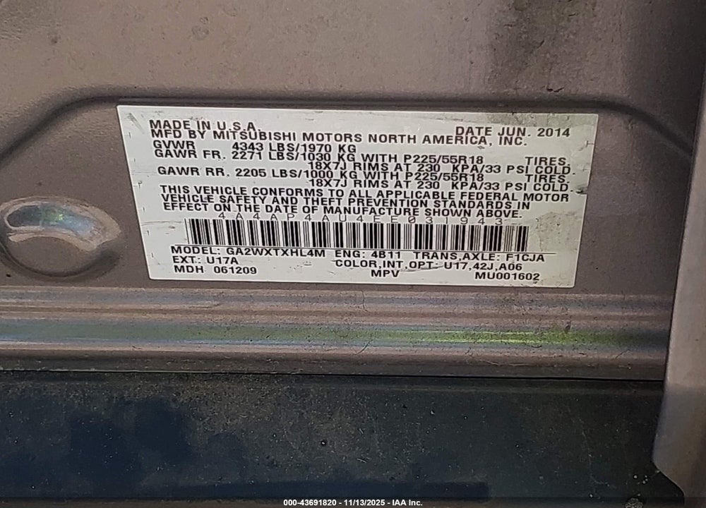 2014 MITSUBISHI OUTLANDER SPORT SE VIN: 4A4AP4AU4EE031943