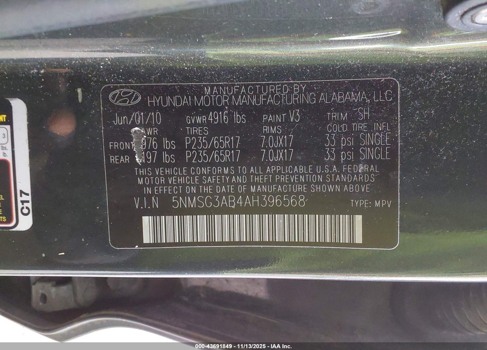 2010 HYUNDAI SANTA FE GLS VIN: 5NMSG3AB4AH396568
