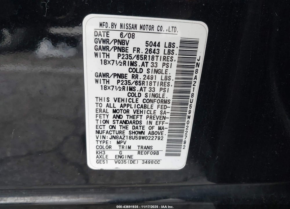 2009 NISSAN MURANO SL VIN: JN8AZ18U59W022792