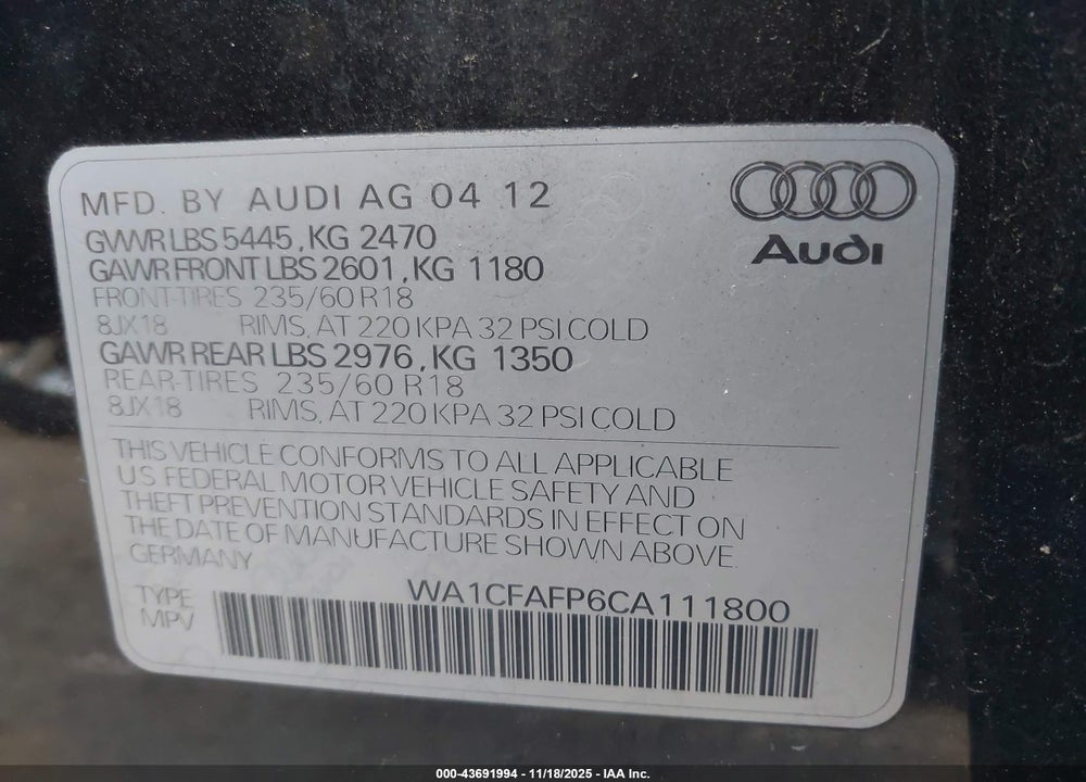 2012 AUDI Q5 2.0T PREMIUM VIN: WA1CFAFP6CA111800