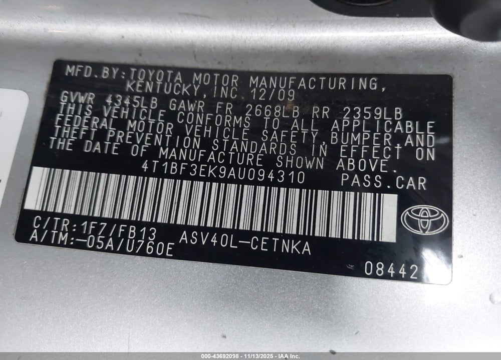 2010 TOYOTA CAMRY VIN: 4T1BF3EK9AU094310