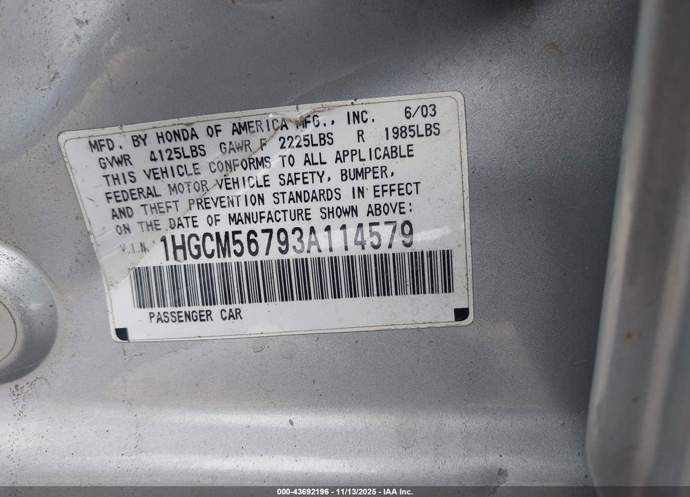 2003 HONDA ACCORD 2.4 EX VIN: 1HGCM56793A114579