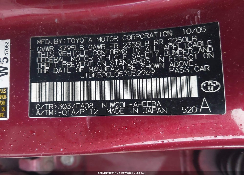 2005 TOYOTA PRIUS VIN: JTDKB20U057052969