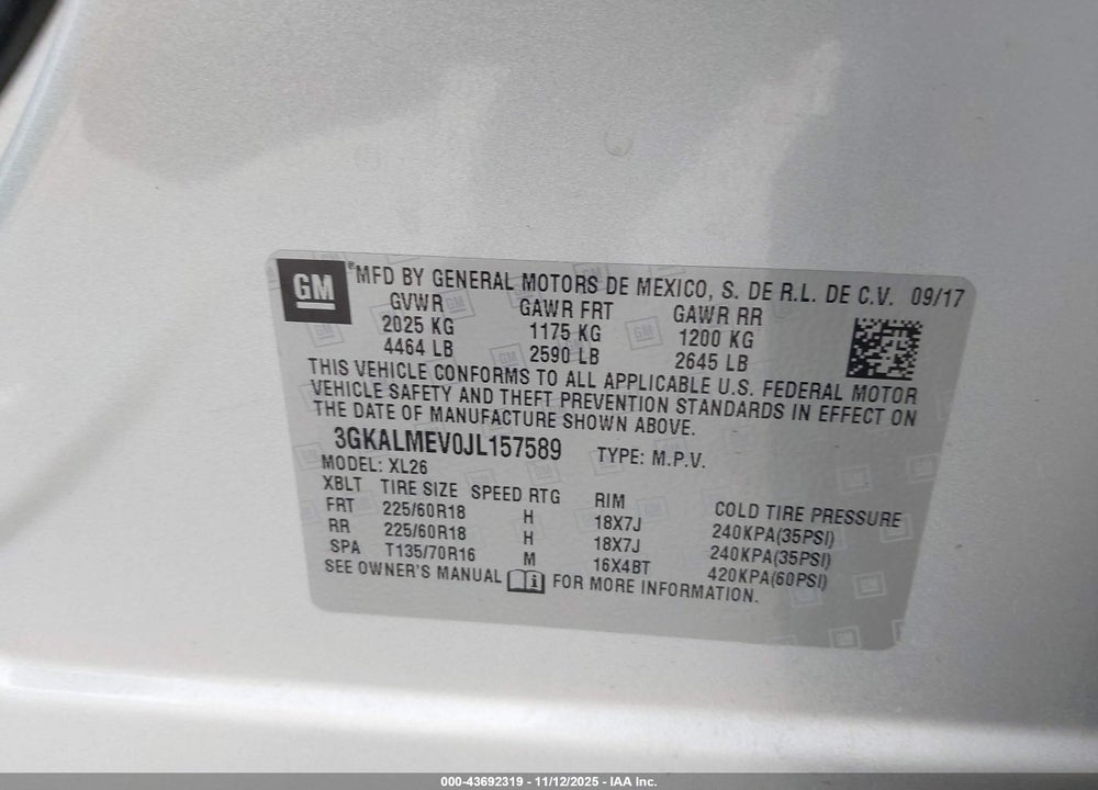 2018 GMC TERRAIN VIN: 3GKALMEV0JL157589