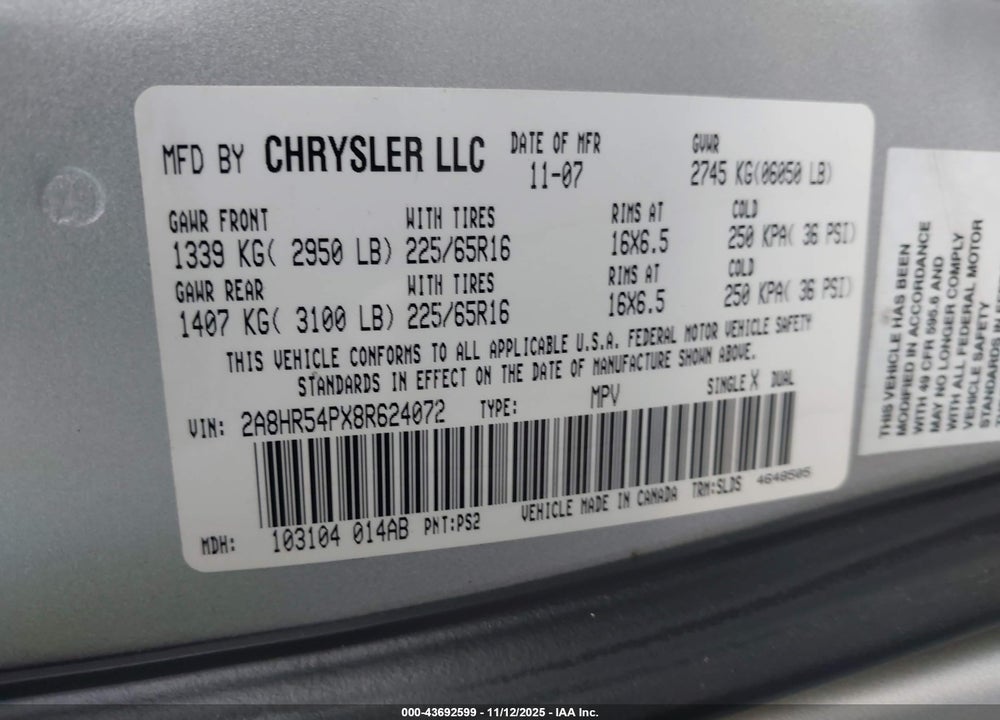 2008 CHRYSLER TOWN & COUNTRY TOURING VIN: 2A8HR54PX8R624072