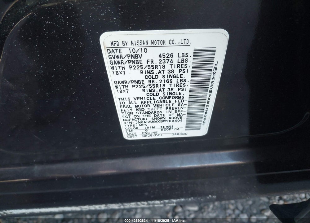 2011 NISSAN ROGUE VIN: JN8AS5MVXBW269404