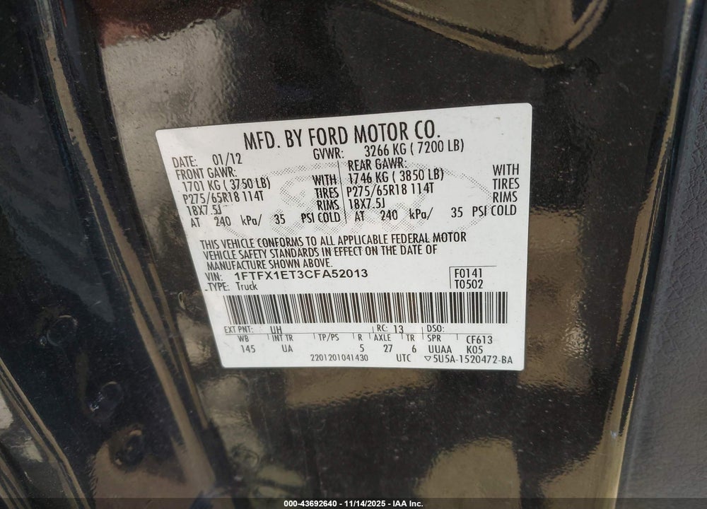 2012 FORD F-150 XLT VIN: 1FTFX1ET3CFA52013