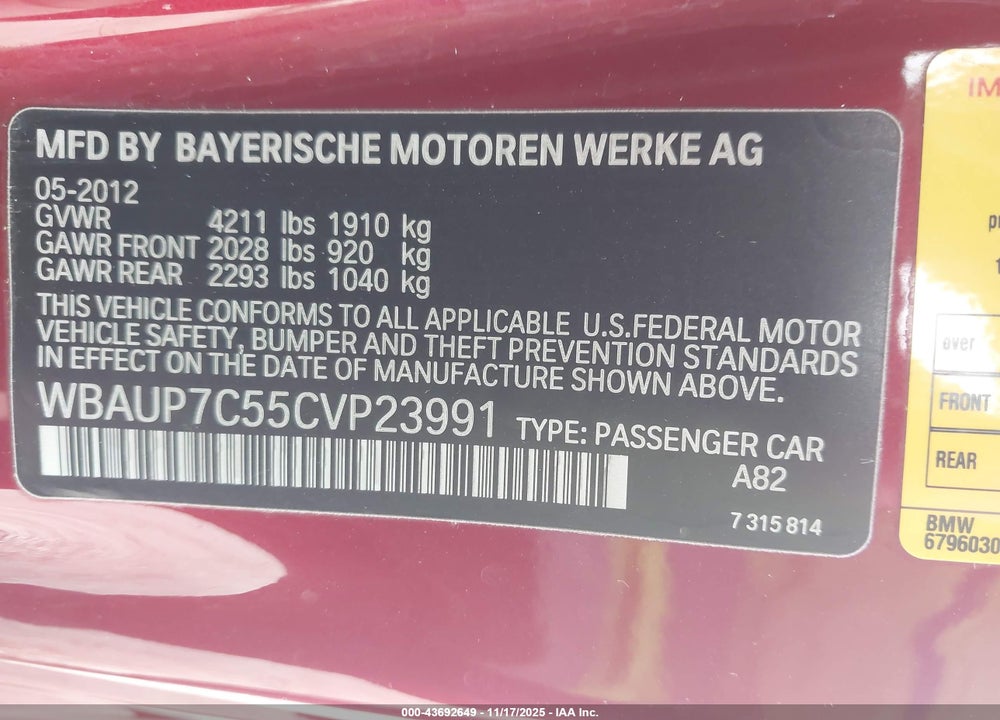 2012 BMW 1 SERIES VIN: WBAUP7C55CVP23991