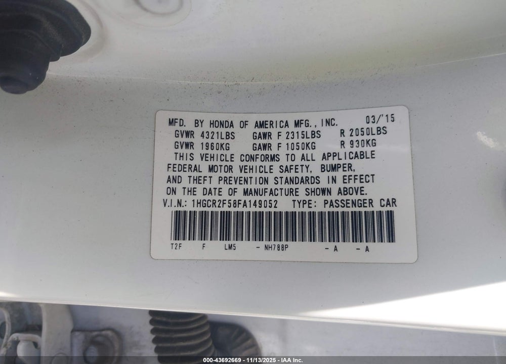 2015 HONDA ACCORD VIN: 1HGCR2F58FA149052