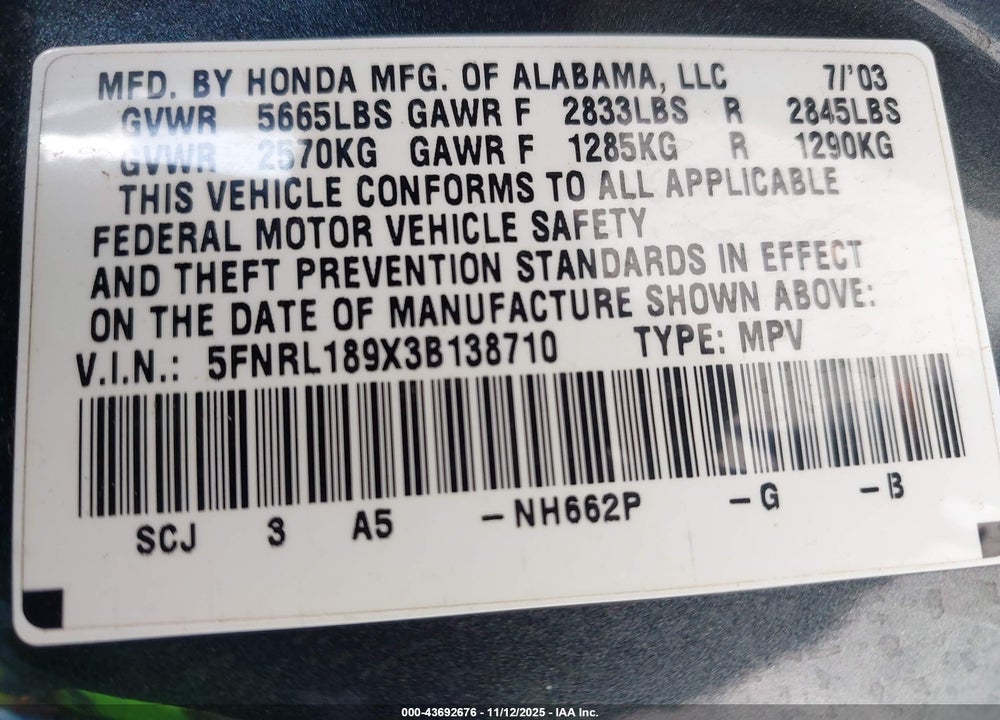 2003 HONDA ODYSSEY EX-L VIN: 5FNRL189X3B138710
