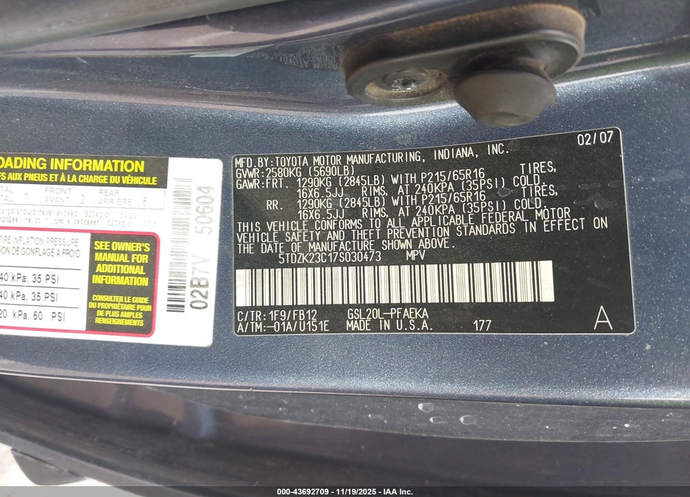 2007 TOYOTA SIENNA CE VIN: 5TDZK23C17S030473
