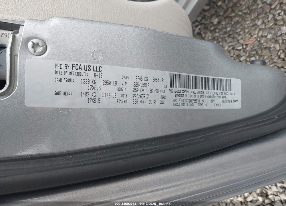 2019 DODGE GRAND CARAVAN SXT VIN: 2C4RDGCG1KR755633