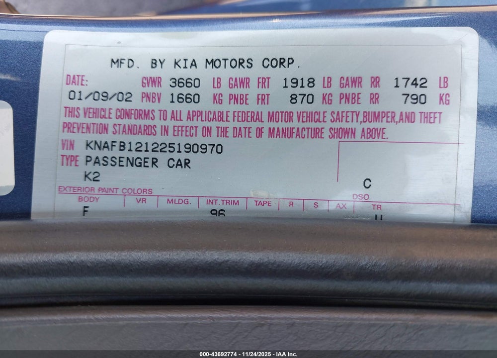 2002 KIA SPECTRA LS VIN: KNAFB121225190970