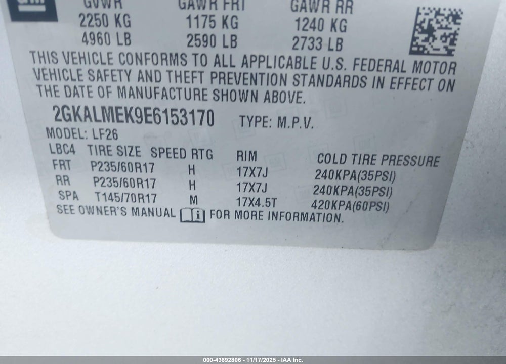 2014 GMC TERRAIN VIN: 2GKALMEK9E6153170