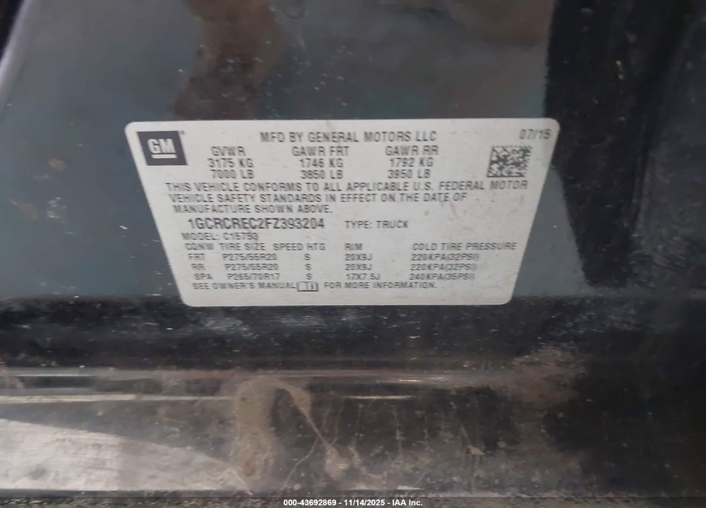 2015 CHEVROLET SILVERADO 1500 VIN: 1GCRCREC2FZ393204