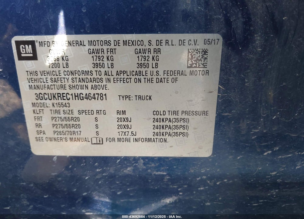 2017 CHEVROLET SILVERADO 1500 2LT VIN: 3GCUKREC1HG464781