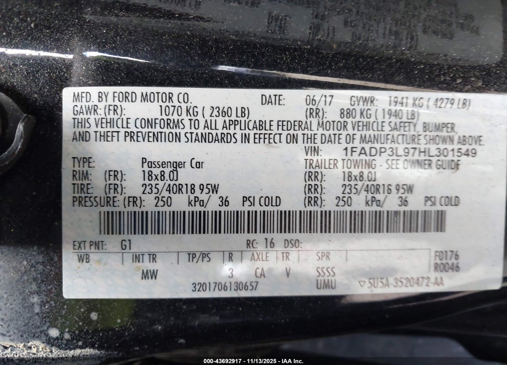 2017 FORD FOCUS ST VIN: 1FADP3L97HL301549