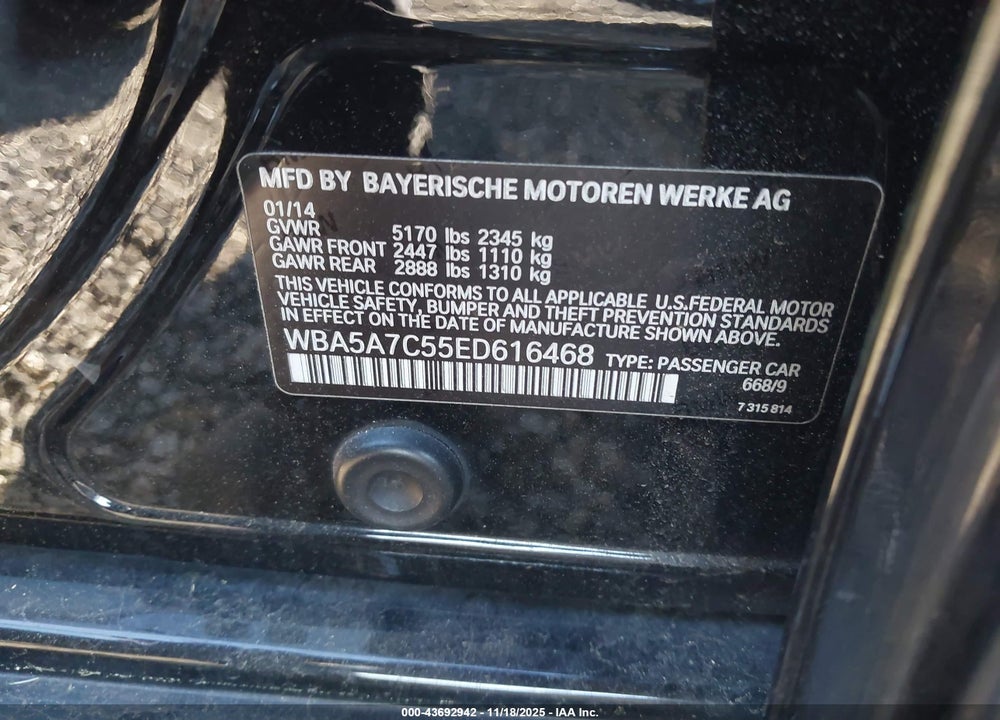 2014 BMW 528I XDRIVE VIN: WBA5A7C55ED616468
