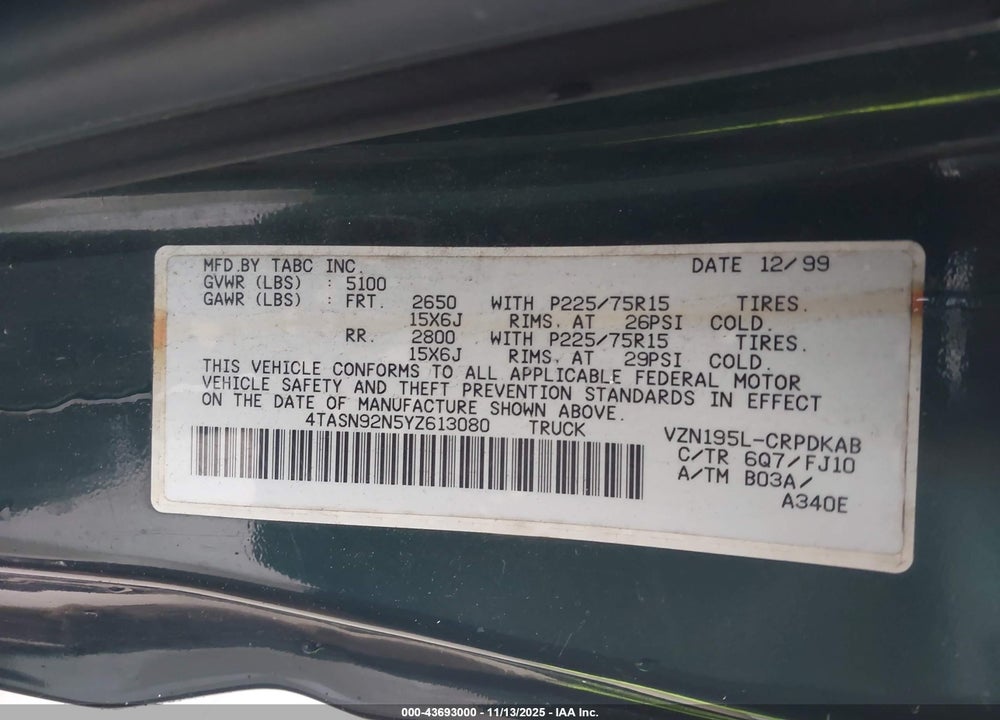 2000 TOYOTA TACOMA PRERUNNER V6 VIN: 4TASN92N5YZ613080