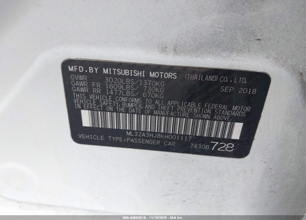 2019 MITSUBISHI MIRAGE ES/RF VIN: ML32A3HJ8KH001117