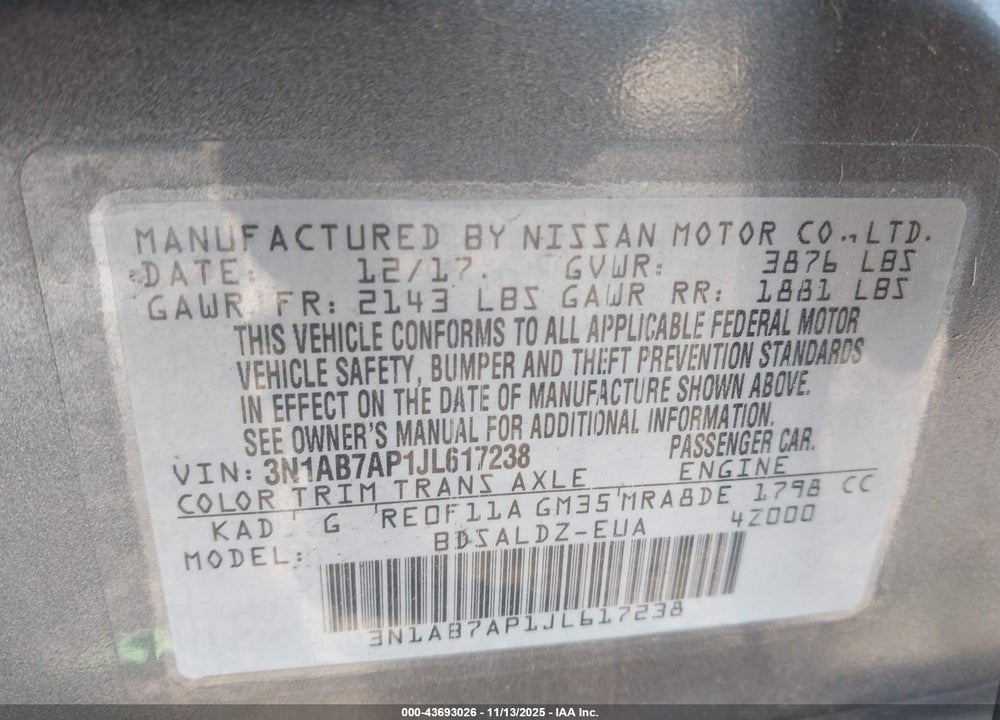 2018 NISSAN SENTRA SV VIN: 3N1AB7AP1JL617238