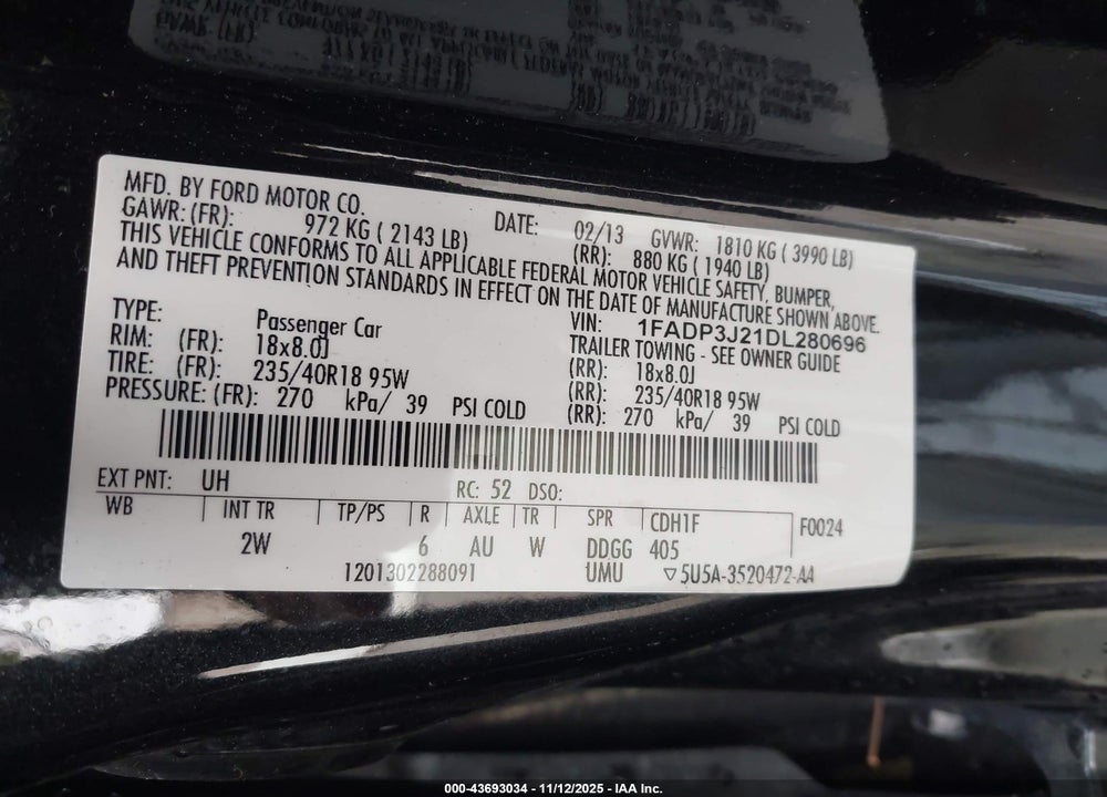 2013 FORD FOCUS TITANIUM VIN: 1FADP3J21DL280696