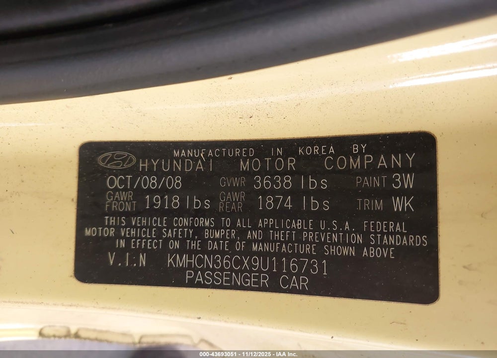 2009 HYUNDAI ACCENT SE VIN: KMHCN36CX9U116731