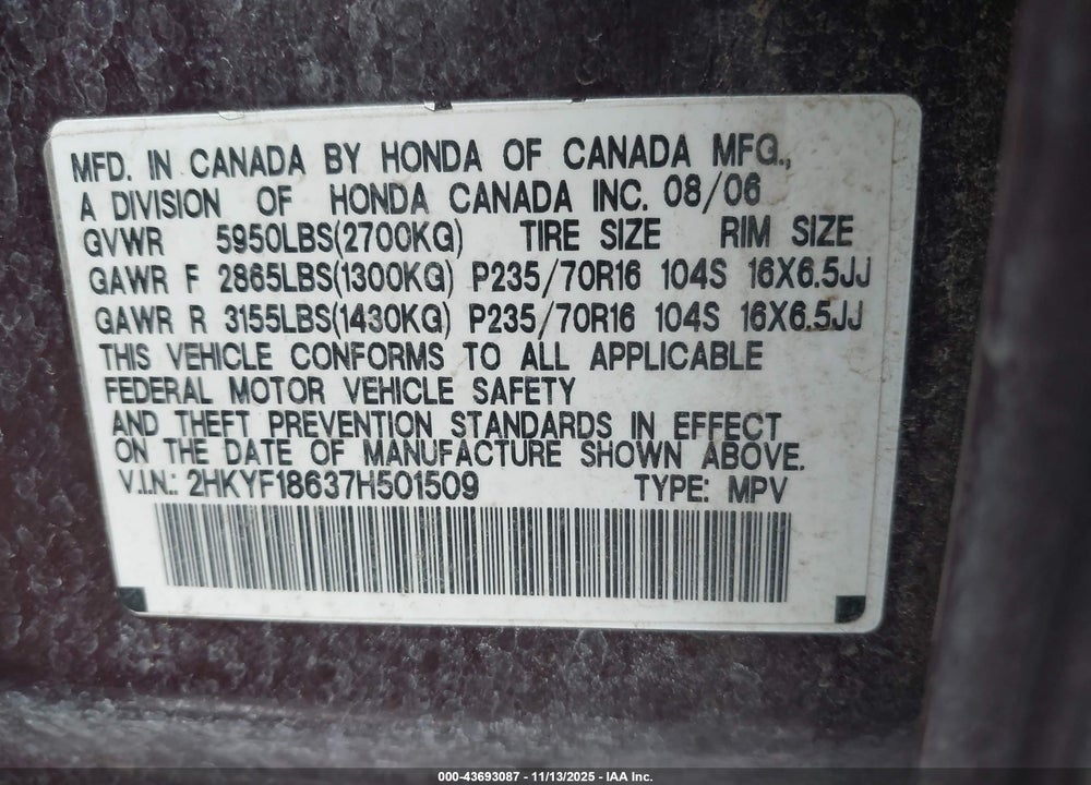 2007 HONDA PILOT EX-L VIN: 2HKYF18637H501509