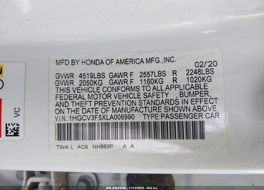 2020 HONDA ACCORD HYBRID EX-L VIN: 1HGCV3F5XLA006990