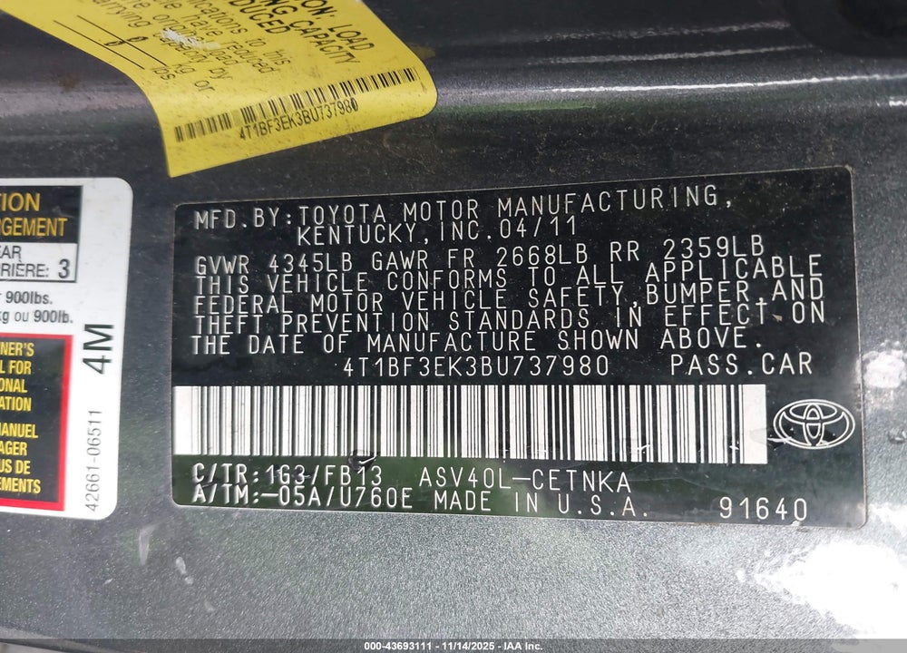 2011 TOYOTA CAMRY LE VIN: 4T1BF3EK3BU737980