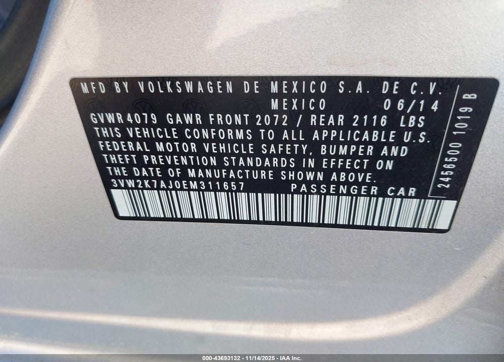 2014 VOLKSWAGEN JETTA 2.0L S VIN: 3VW2K7AJ0EM311657