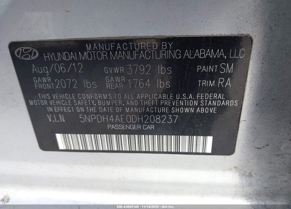 2013 HYUNDAI ELANTRA LIMITED VIN: 5NPDH4AE0DH208237