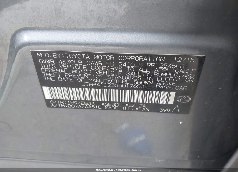 2016 LEXUS IS 200T VIN: JTHBA1D23G5017653