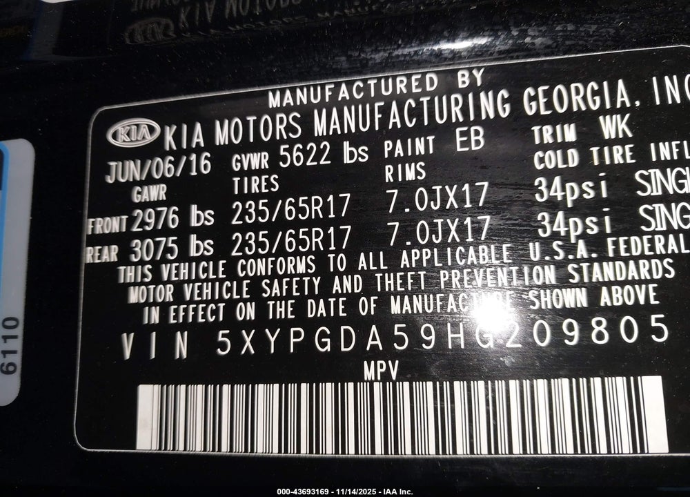 2017 KIA SORENTO 3.3L LX VIN: 5XYPGDA59HG209805