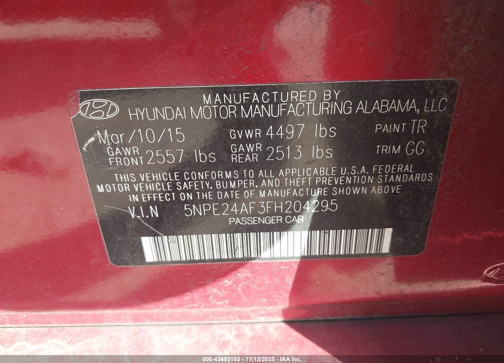 2015 HYUNDAI SONATA SE VIN: 5NPE24AF3FH204295