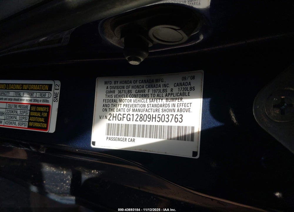 2009 HONDA CIVIC EX VIN: 2HGFG12809H503763