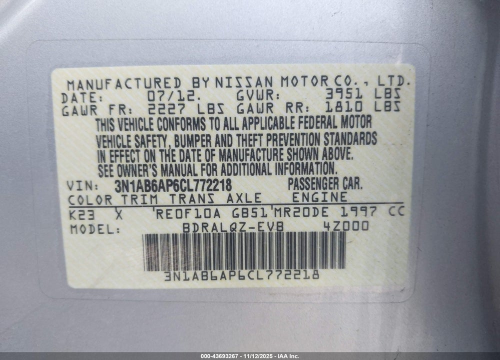 2012 NISSAN SENTRA 2.0 VIN: 3N1AB6AP6CL772218