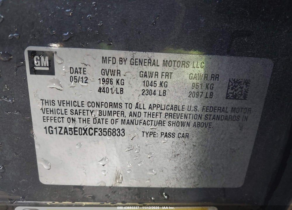 2012 CHEVROLET MALIBU LS VIN: 1G1ZA5E0XCF356833