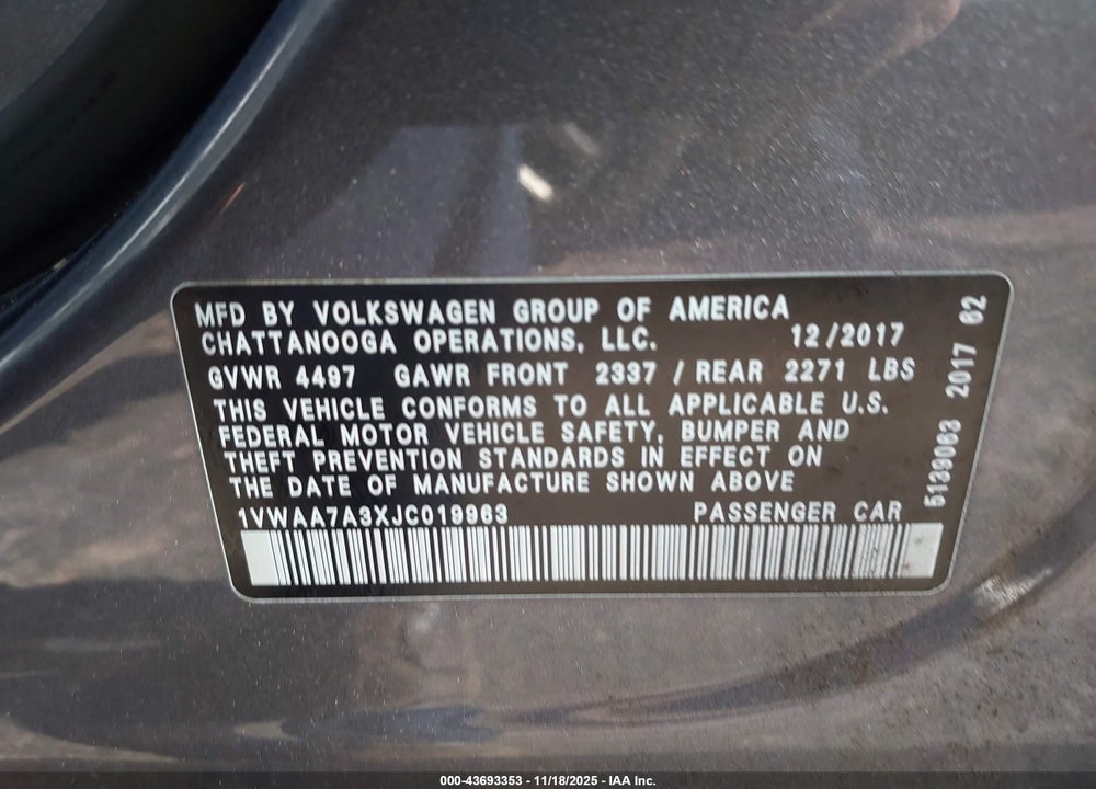 2018 VOLKSWAGEN PASSAT 2.0T R-LINE/2.0T S VIN: 1VWAA7A3XJC019963