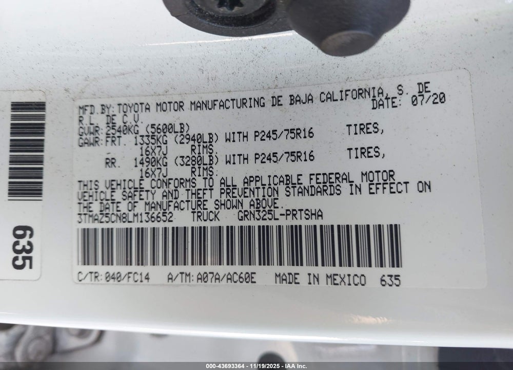 2020 TOYOTA TACOMA SR5 V6 VIN: 3TMAZ5CN8LM136652
