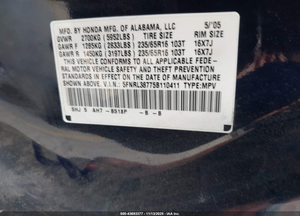 2005 HONDA ODYSSEY EX-L VIN: 5FNRL38775B110411