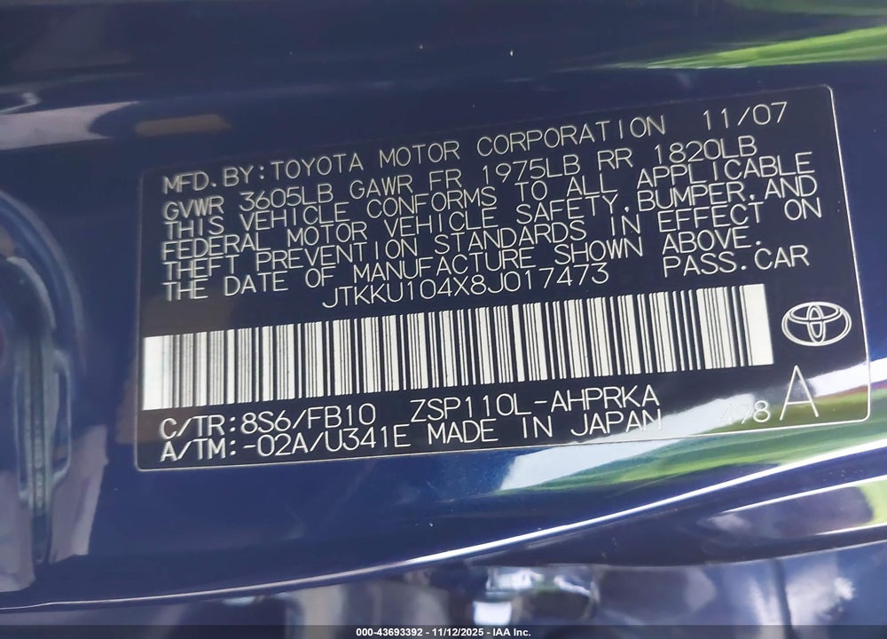 2008 SCION XD VIN: JTKKU104X8J017473