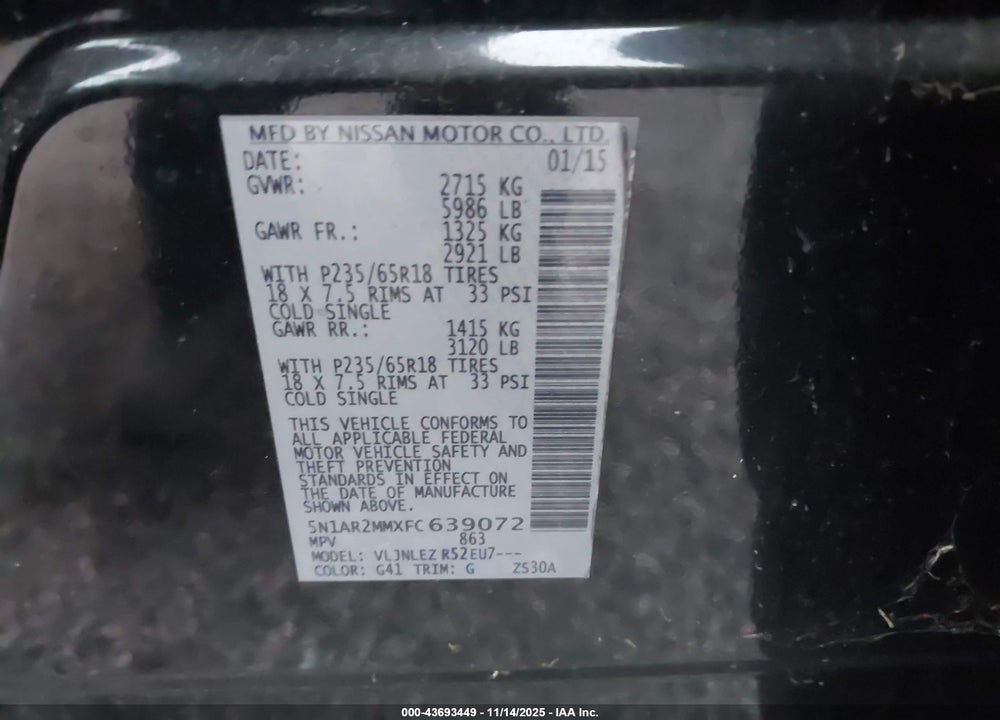 2015 NISSAN PATHFINDER SV VIN: 5N1AR2MMXFC639072